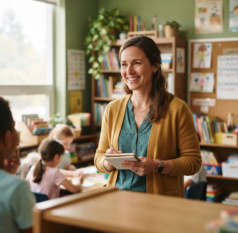 Professional editorial portrait of a smiling school teacher in a warm green classroom environment, soft natural window light, 50mm lens, highly detailed