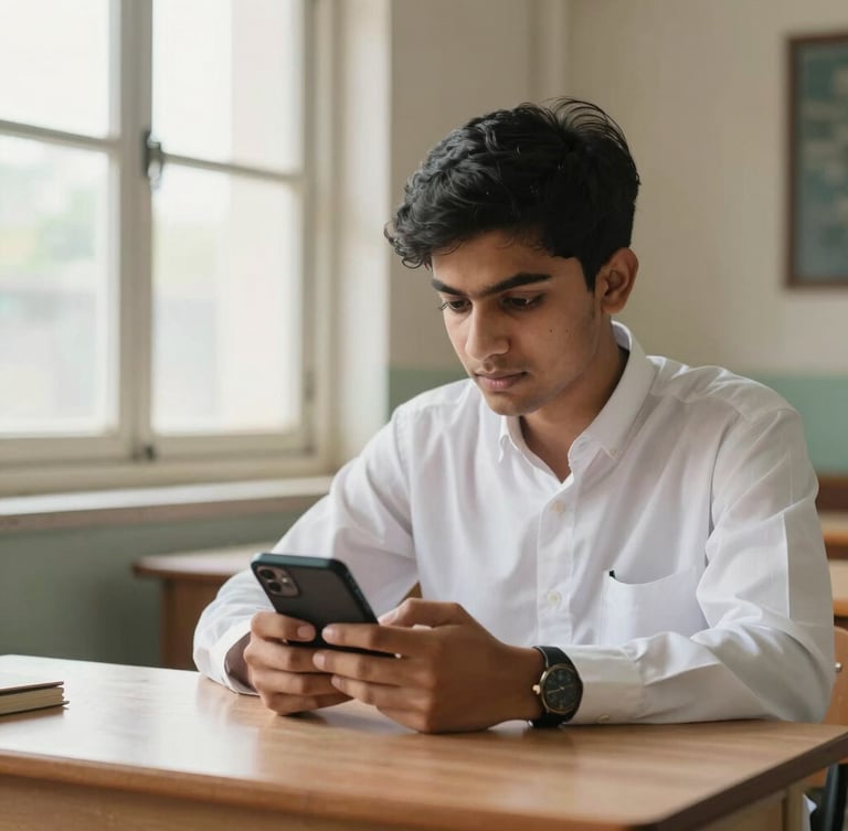 A focused Pakistani student studying on a mobile phone at a wooden desk, soft natural daylight from a window, clean academic setting.