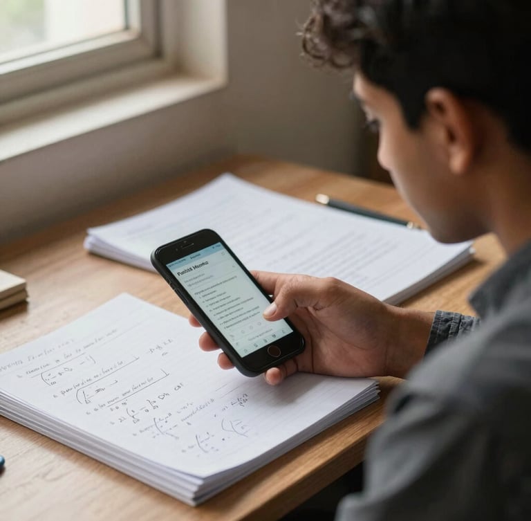 A Pakistani Matric student focusing on a smartphone displaying a practice test, notebooks with handwritten physics formulas on a wooden desk, soft morning window light, medium shot.