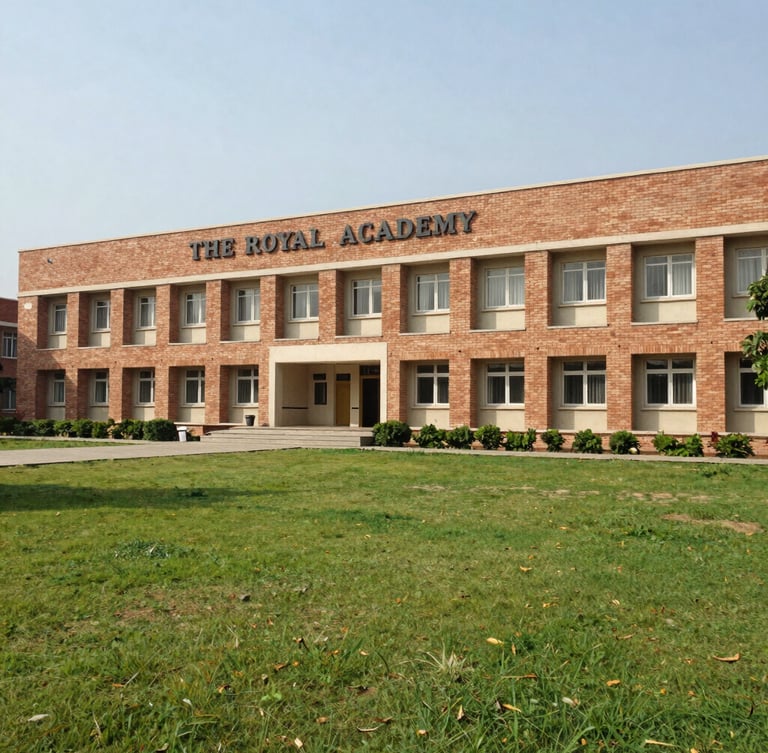 Bright daylight medium shot of the physical campus building of The Royal Academy in Bahria Town Lahore, showing its clean brick architecture and green lawns.