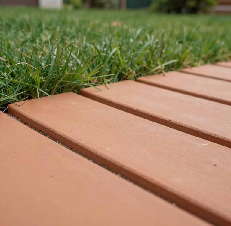 Low-angle shot of terracotta clay rubber tiles meeting lush green garden grass under soft overcast daylight, showing natural texture details and precise joint lines.