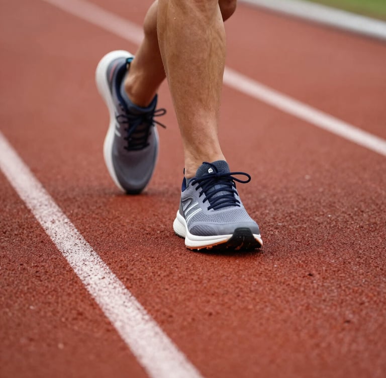 Low-angle close-up of a runner's sneaker starting dynamically from a textured terracotta-colored rubber track, sharp white lane lines, natural overcast light.