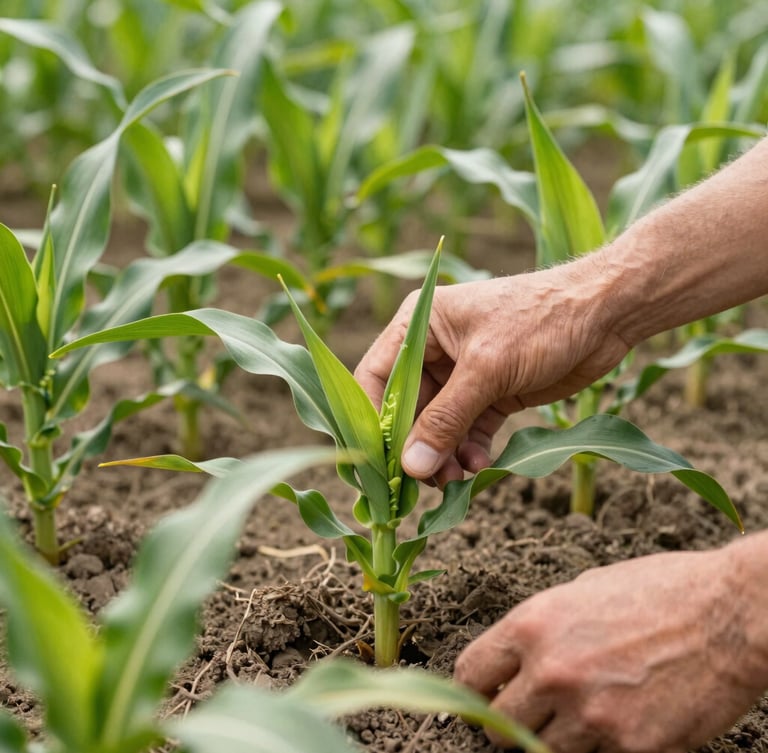 Gros plan sur un agronome de LeaderPem examinant des plants de maïs dans un champ, lumière naturelle du jour, sol riche et feuilles vertes, mise au point sur les mains et les plantes.