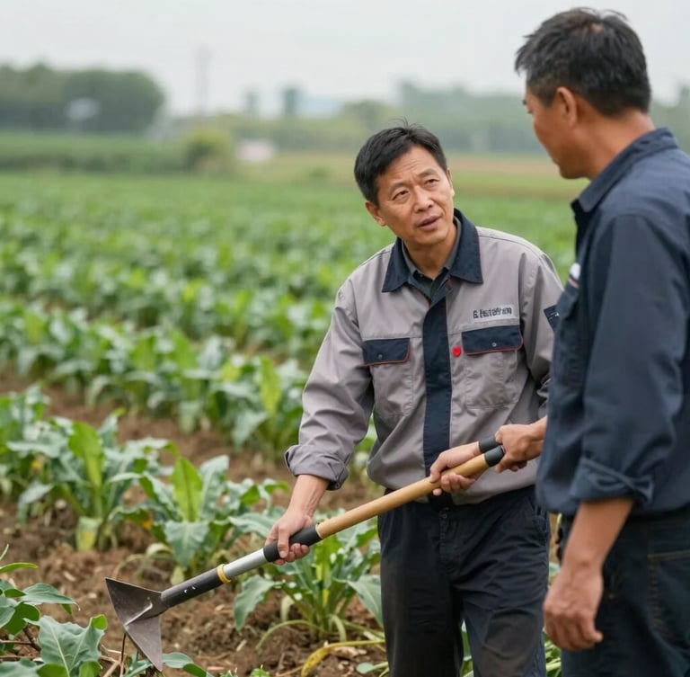 A medium shot of a LeaderPem technical team member, wearing a professional but practical uniform, demonstrating the use of a farm tool to a farmer in a lush green field. Both are engaged in discussion, with healthy crops in the background. Natural overcast daylight, rich soil tones and deep greens, shallow depth of field, 35mm.