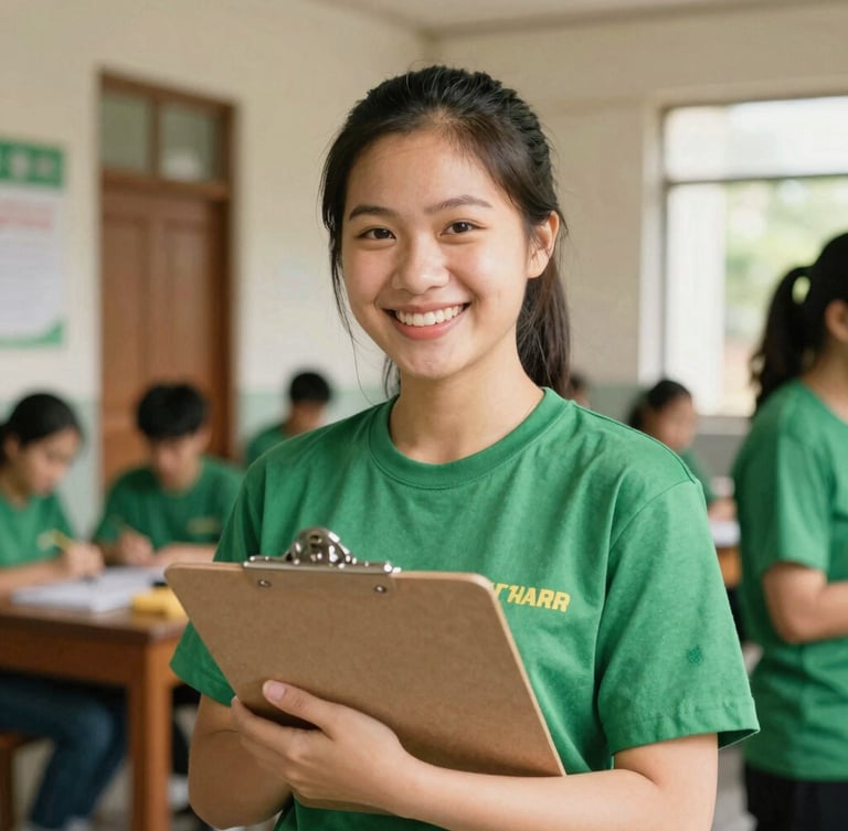 Portrait of a young Vietnamese female volunteer smiling warmly, wearing a green t-shirt, holding a clipboard in a bright community center, warm daylight, 35mm film look.