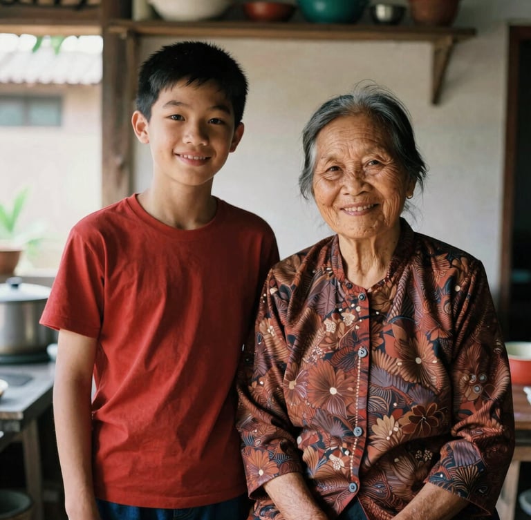 Warm editorial portrait of a Vietnamese grandmother and her teenage grandson sharing a smile in a sunlit kitchen, 35mm film look, rich organic tones