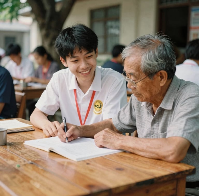 Candid medium shot of a young Vietnamese volunteer smiling while helping an elder study at a brightly lit wooden table, warm natural daylight, 35mm film look.