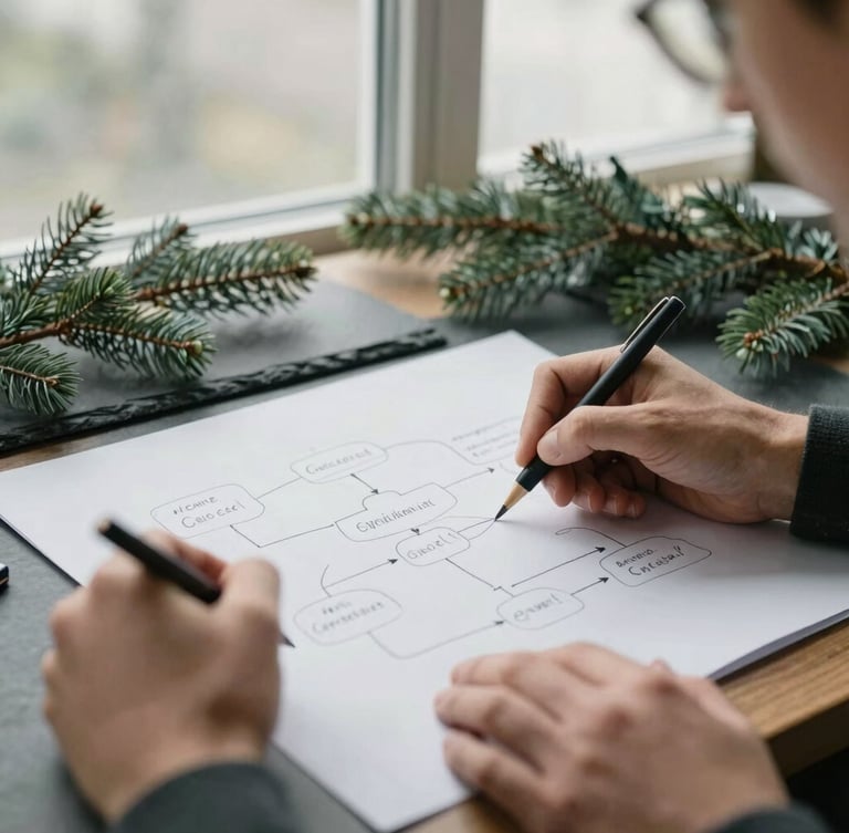 Close-up of a collaborative planning session, hands sketching a workflow diagram on a paper board, natural overcast window light, slate and evergreen accents, 35mm