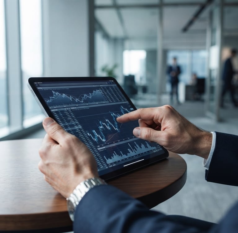 Close-up of professional hands analyzing financial data on a tablet, clean architectural lines, bright natural daylight, cool undertones