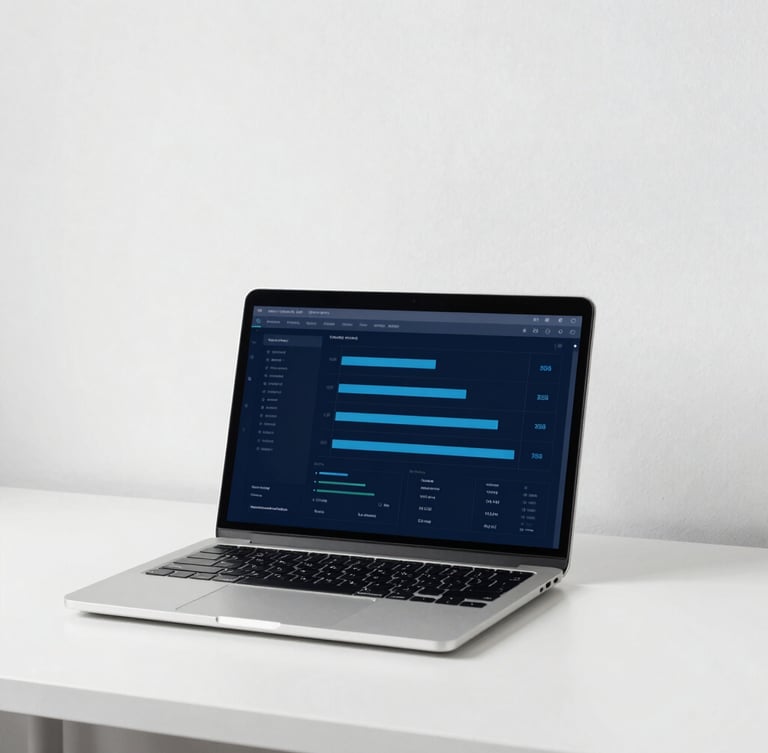 Minimalist workspace with clean desk layout, a modern laptop showing charts, bright natural daylight with cool undertones, sharp focus