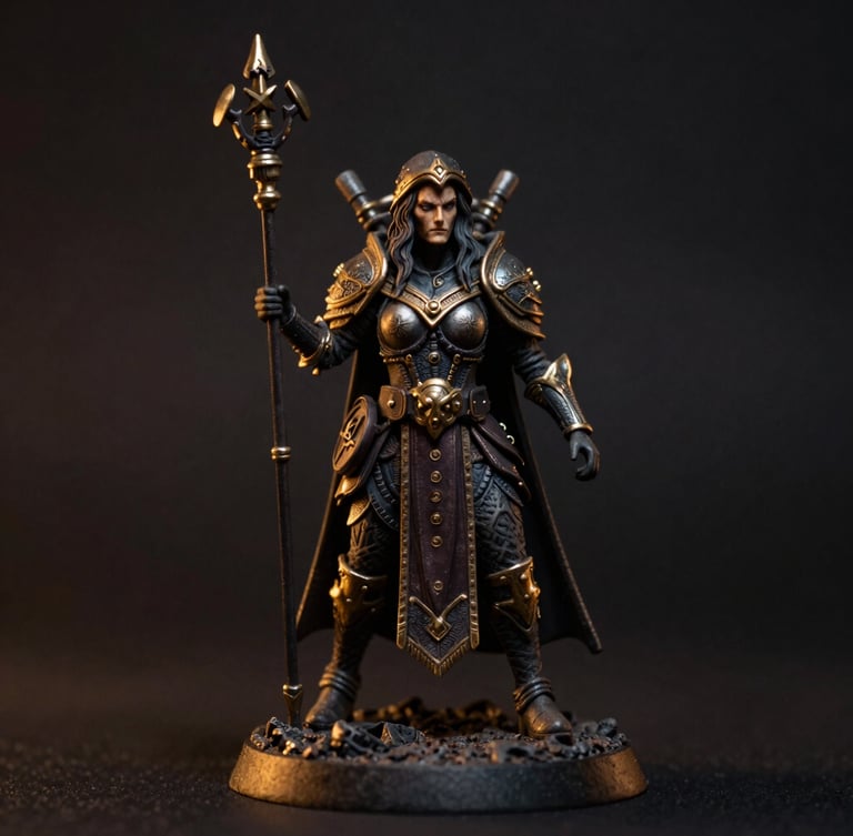 Macro close-up of a highly detailed tabletop fantasy figurine, low-key studio lighting with golden highlights, deep shadows