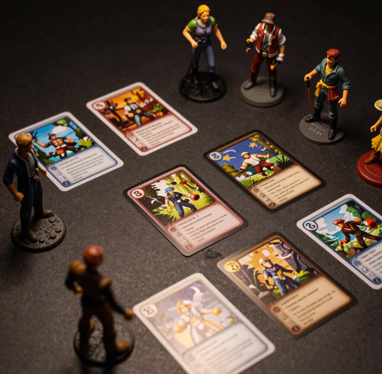 Overhead flat-lay of detailed tabletop gaming figurines and custom trading cards on a dark graphite surface, low-key warm studio lighting, 35mm
