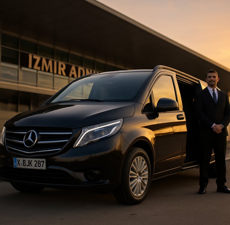 Low-angle heroic shot of a gleaming black Mercedes-Benz Vito parked outside İzmir Adnan Menderes Airport terminal at golden hour, warm reflections on the polished body, professional chauffeur in a sharp suit waiting by the open door.