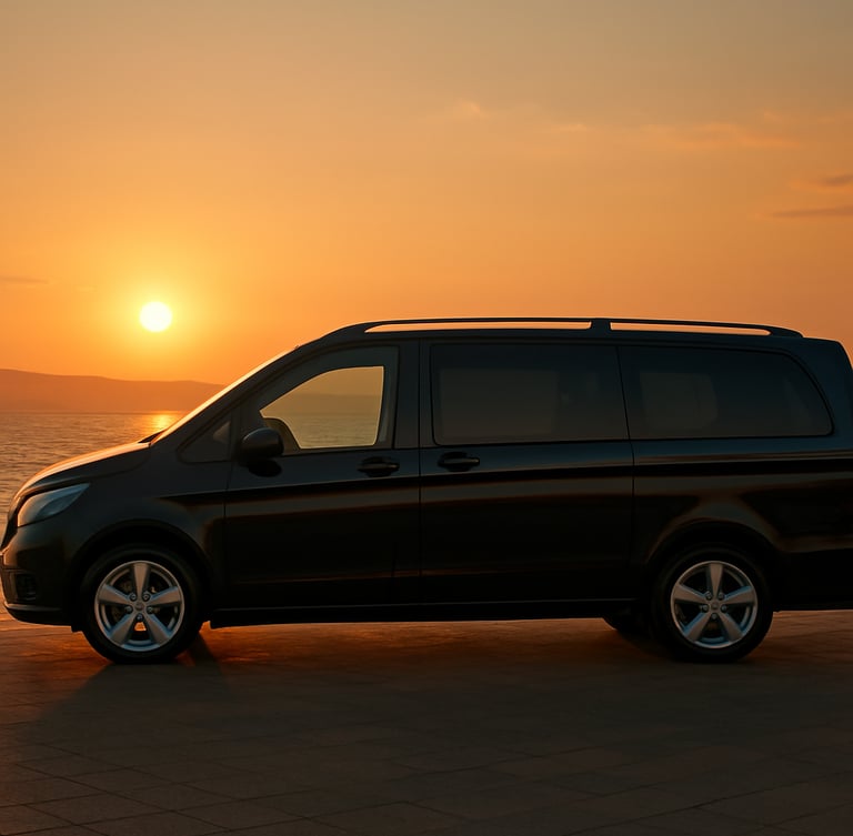 Side profile of a gleaming black Mercedes-Benz Vito parked on the İzmir Kordon coast at sunset, sea reflecting golden light, elegant composition.