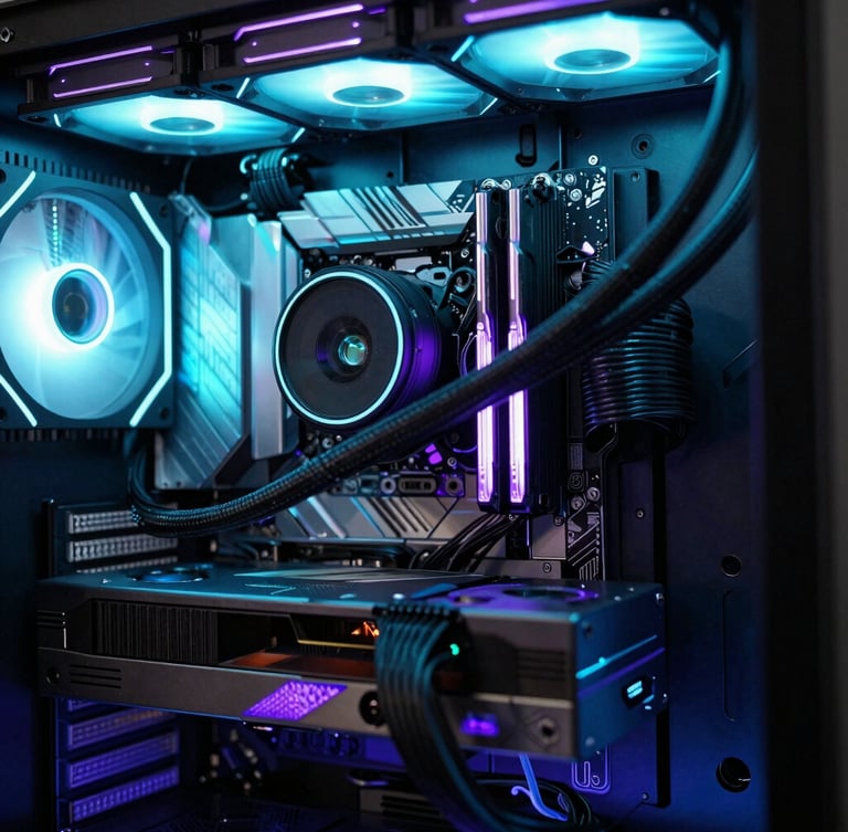 Macro shot of a custom liquid-cooled PC interior with glowing neon cyan and electric purple LED paths, clean cable management, premium hardware components, 35mm lens
