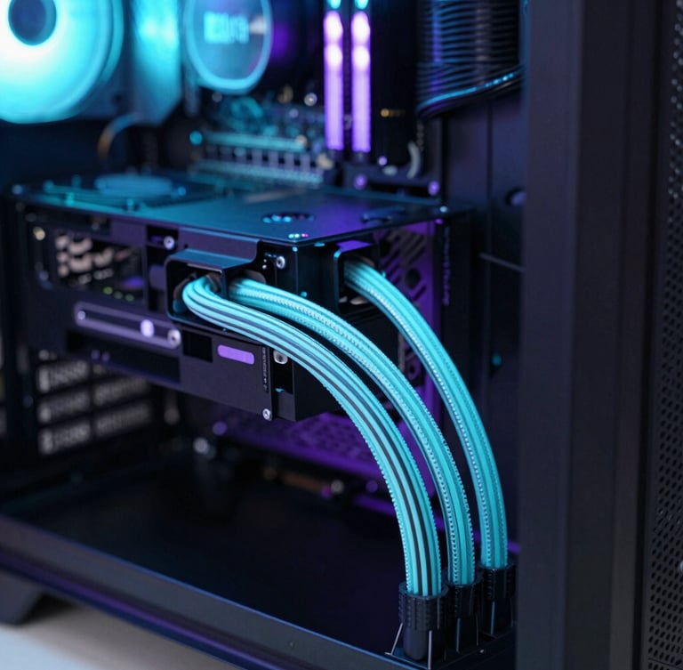 Close-up of clean cable management inside a high-end PC chassis, neon cyan and electric purple ambient light, professional workspace