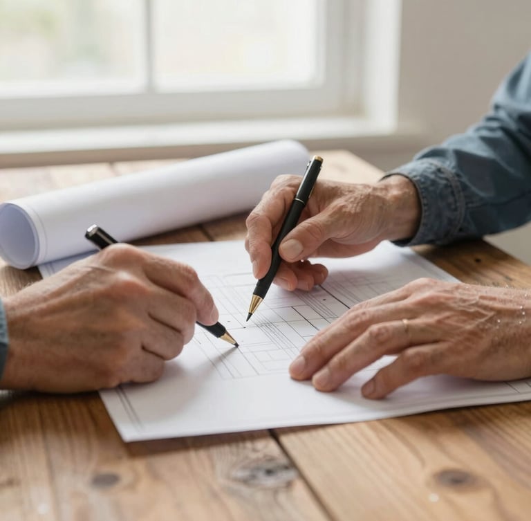 Close-up of hands of two generations reviewing a blueprint together on a rustic wooden table, soft natural side lighting, warm tones