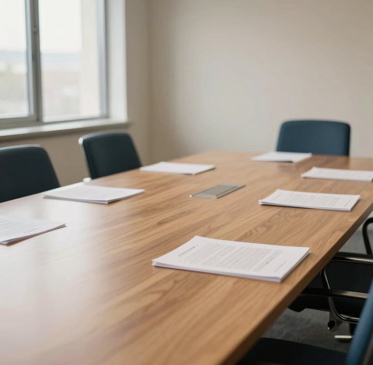 Warm editorial photography of a spacious, orderly corporate meeting room with soft window daylight, a solid oak table with neat documents, muted navy and beige tones, shallow depth of field, 35mm