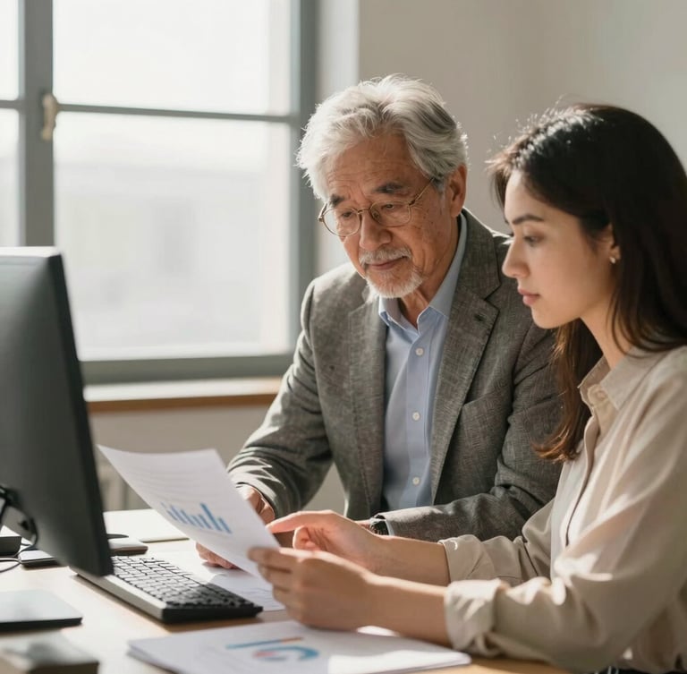 Warm editorial photography of a senior business owner and his daughter discussing charts in a sunlit office, soft window light, professional and respectful atmosphere