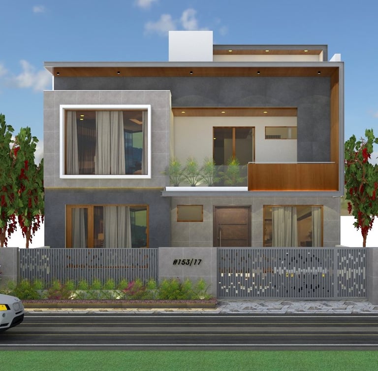 a modern house with a car parked in front of it