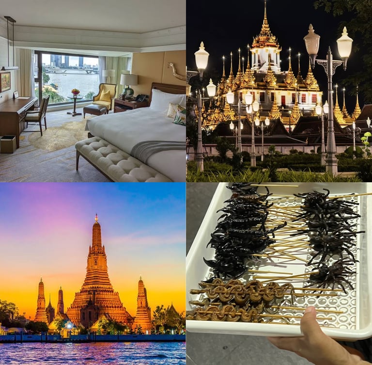 Collage of Bangkok experiences: a luxury riverside hotel room overlooking the Chao Phraya River,