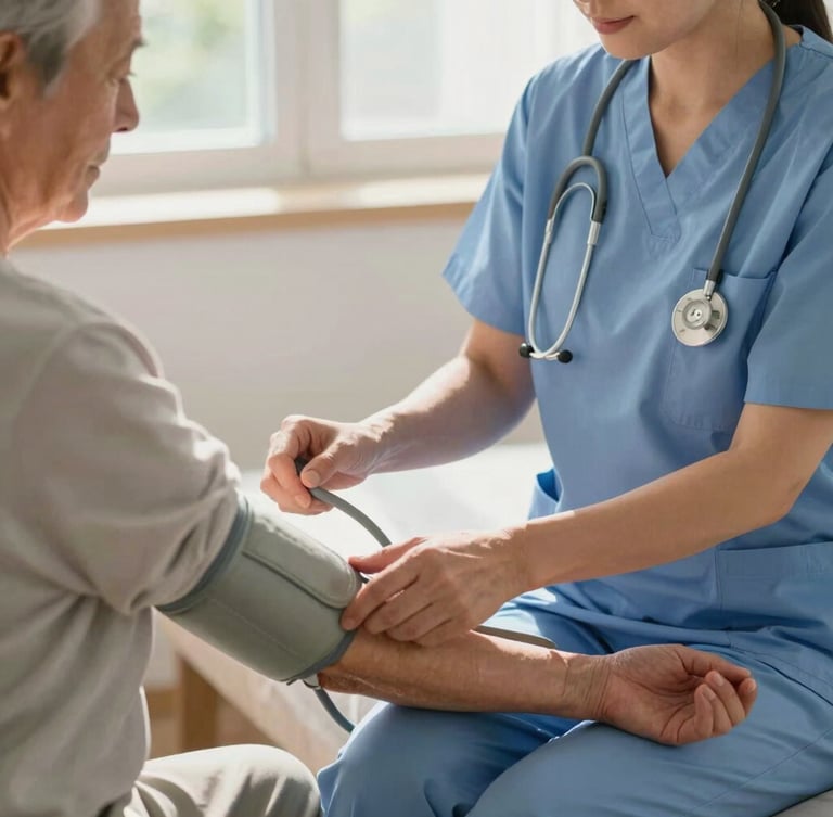 A professional caregiver in clean medical scrubs checking the blood pressure of an elderly patient in a sunlit home setting, medium close-up, bright morning daylight