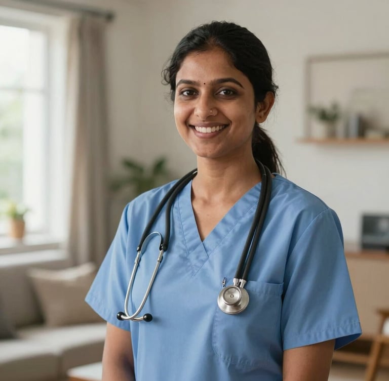 Portrait of a professional Indian nurse in clean scrubs, smiling warmly in a bright domestic living room, natural morning daylight.