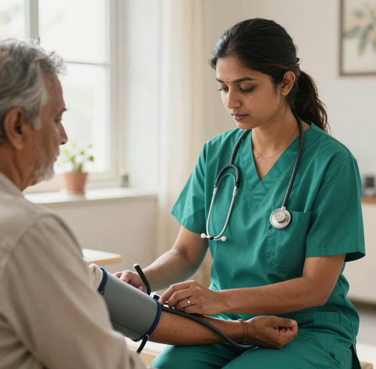 Close-up of a certified nurse in green scrubs checking the blood pressure of an elderly patient in a bright Indian home setting, natural morning light.