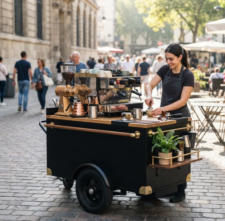 Sleek matte black mobile coffee cart with brass accents and a high-end commercial espresso machine, bright morning daylight, professional editorial style