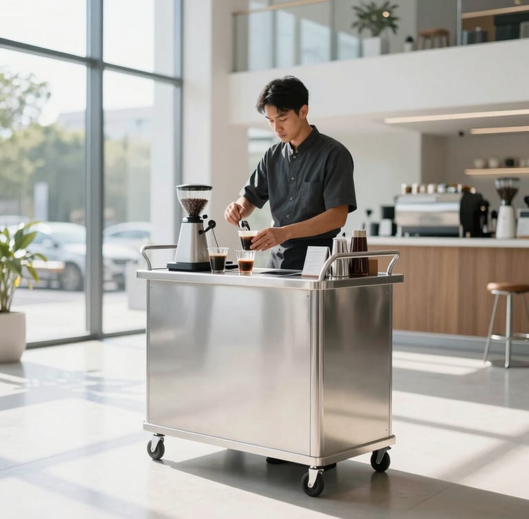 Sleek mobile espresso bar cart parked inside a bright, modern corporate lobby, professional barista in a clean dark uniform preparing a drink, bright morning daylight, crisp high-contrast tones.