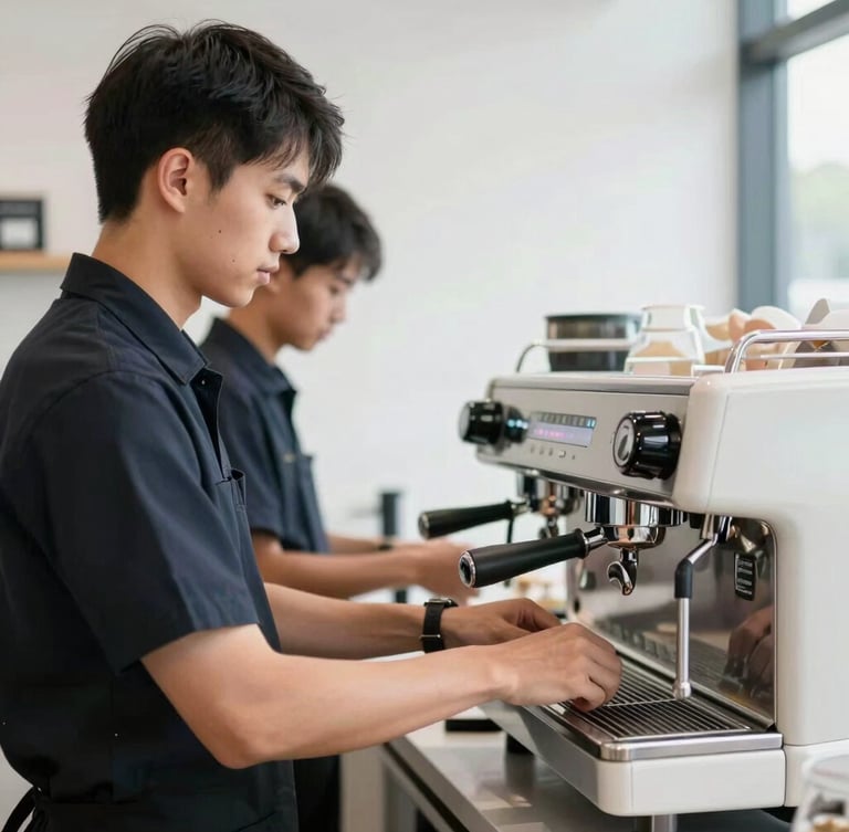 Sleek portrait of professional, clean-cut baristas in matching dark uniforms operating a high-end commercial espresso machine, bright morning daylight, sharp focus.