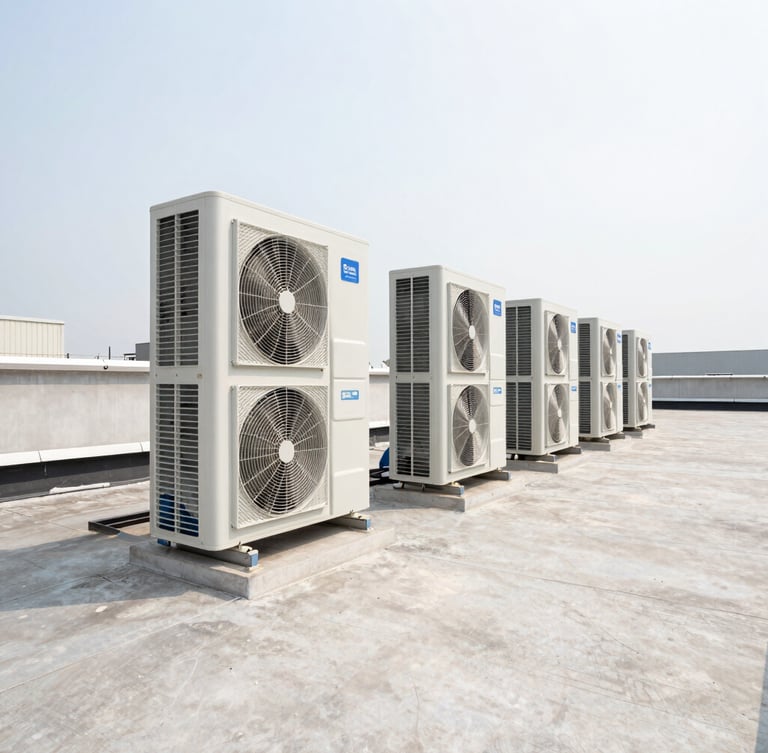 Wide-angle technical shot of modern commercial HVAC units on a bright, clean industrial rooftop, high-visibility daylight, precise alignment, negative space on the right.
