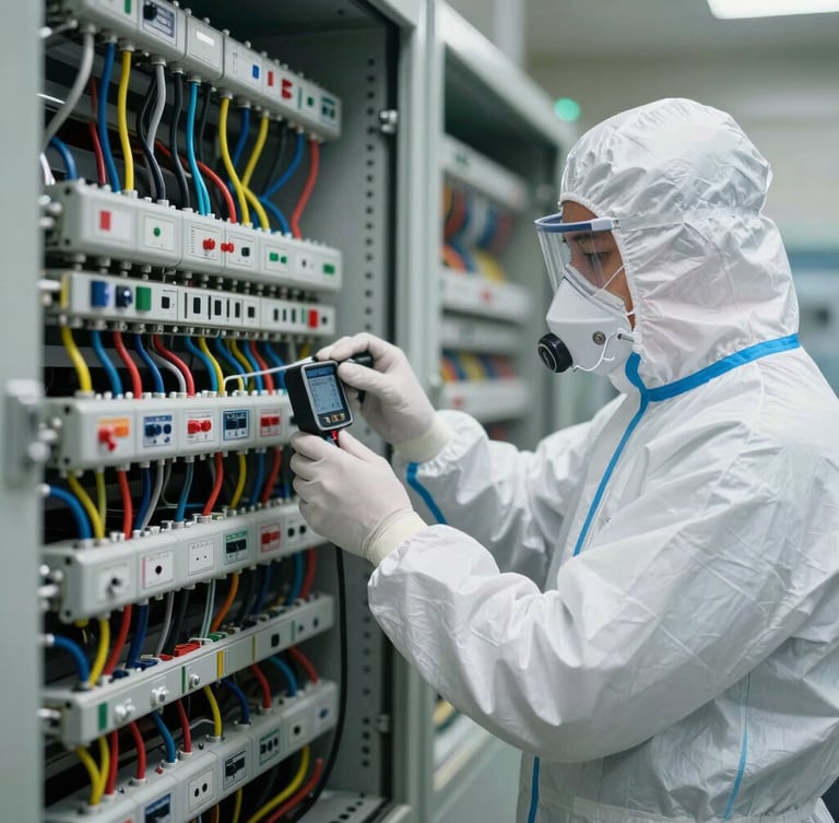 Vista de primer plano de un técnico calificado con equipo de protección personal completo, midiendo parámetros en un tablero eléctrico industrial impecable con cableado perfectamente ordenado, iluminación blanca brillante y nítida.