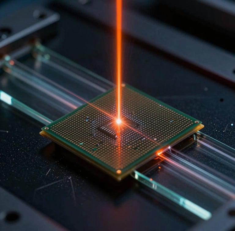 Macro photography of laser refraction through a silicon-photonic chip, sharp orange laser beam cutting through glass micro-channels, dark obsidian background, low-key cleanroom lighting.