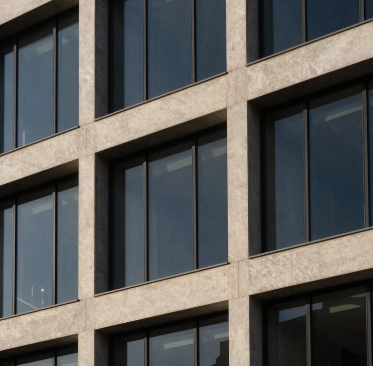 Architectural detail of a modern concrete and glass office building facade, deep navy and warm alabaster tones, sharp geometric shadows, minimalist editorial photography, soft side window light, 35mm