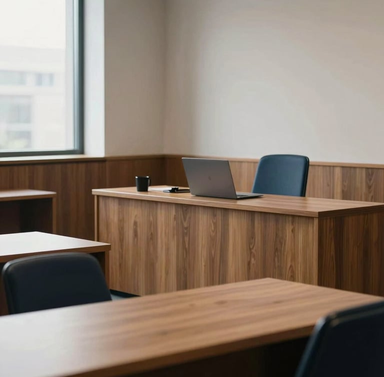 Quiet editorial photography of a modern, minimal legal office with warm wood desks, soft side window light, sharp focus, 35mm