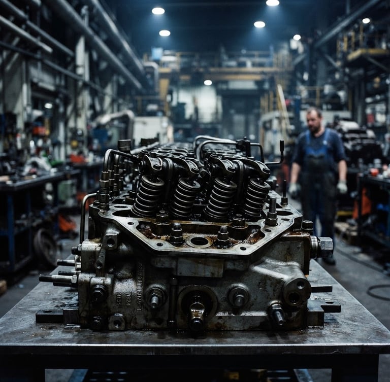 Industrial editorial photography of a massive marine diesel engine cylinder head, dramatic workshop spotlights, cool steel tones, sharp focus, 35mm