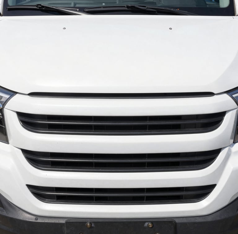 Close-up detail shot of a clean white commercial van grille and hardware, bright natural daylight, high contrast, industrial setting.