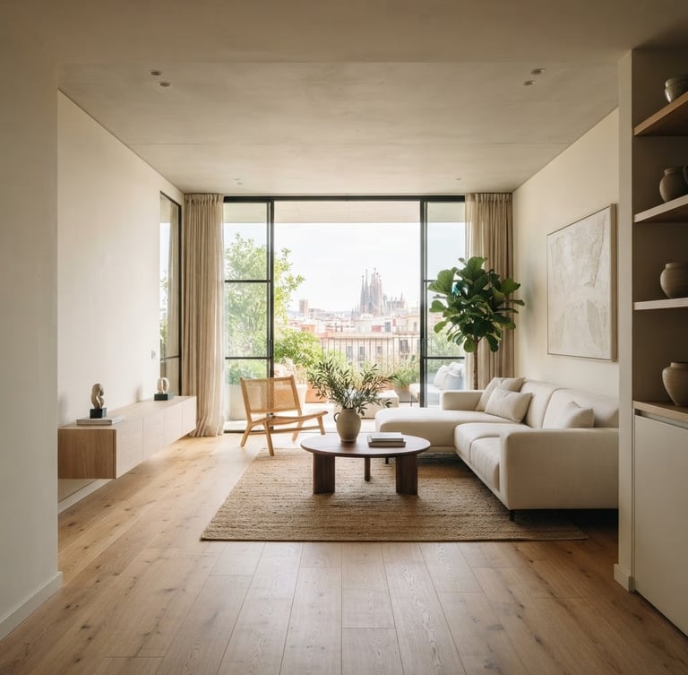 Luminous contemporary living room in Barcelona, soft morning light, minimalist design, natural wood floors, clean lines, large windows, wide view from the entrance.