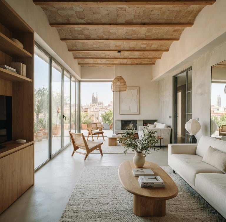 Luminous contemporary Barcelona living room, natural materials like oak and microcement, soft morning daylight, architectural lines, wide view from entrance, high-end editorial style.