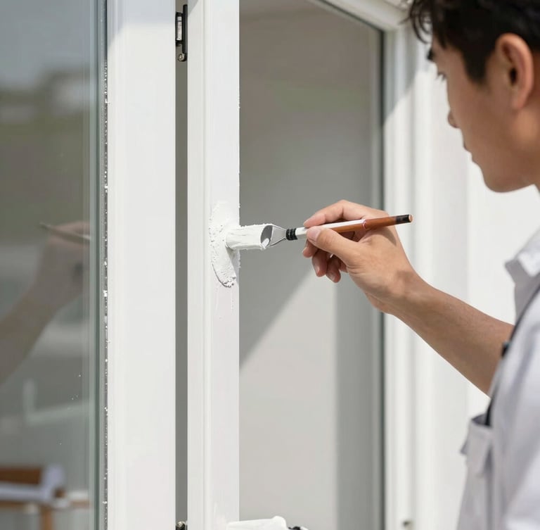 Detailed close-up of a professional painter in a clean uniform applying crisp white paint to a door frame, sharp edges, bright daylight