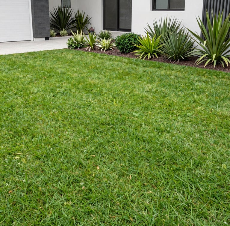 Bright natural photography of a perfectly manicured green lawn and neat garden beds in a modern Perth home, crisp daylight, 35mm