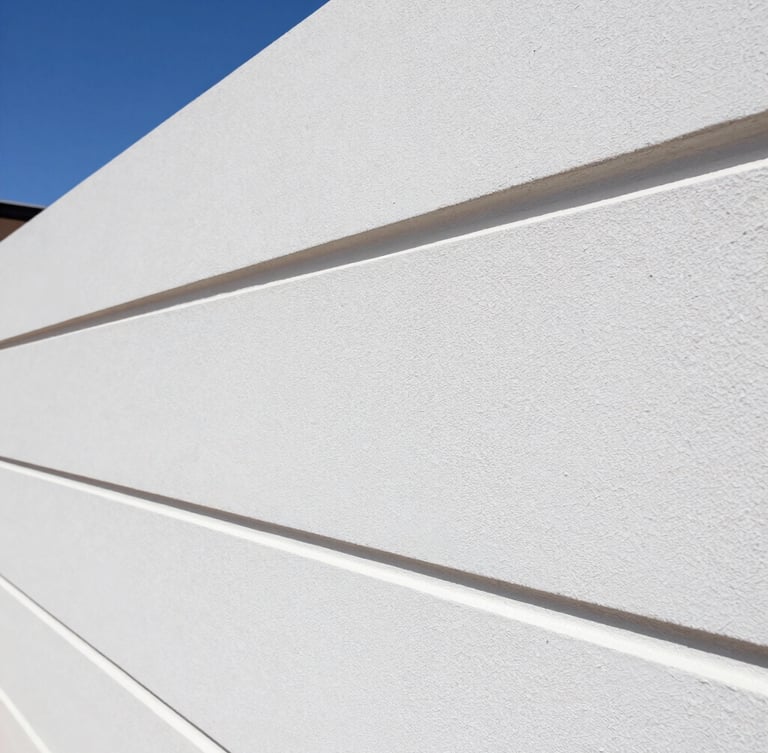 Sharp close-up of clean paint lines on a modern rendered wall under bright natural Western Australian sunlight, crisp details, 35mm