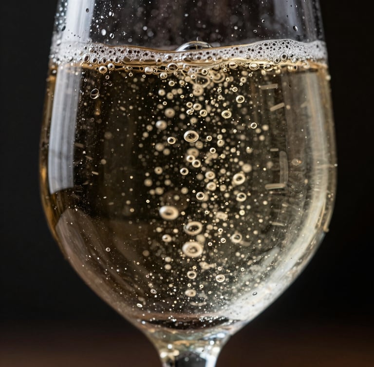 Macro shot of fine champagne bubbles rising in a delicate crystal glass, condensation on the glass texture, dramatic low-key lighting, dark background.
