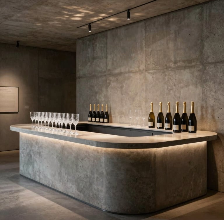 A sleek minimalist champagne bar in a modern concrete gallery, warm dramatic side-lighting illuminating rows of precise crystal glassware, elegant bottle silhouettes, contemporary luxury feel.