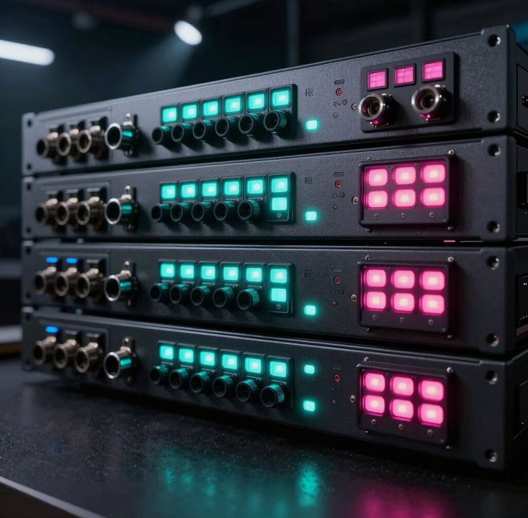 Low-key close-up shot of professional rack-mounted LED video processors, glowing status LEDs in cyan and pink, heavy-duty connectors, dark industrial background, sharp focus