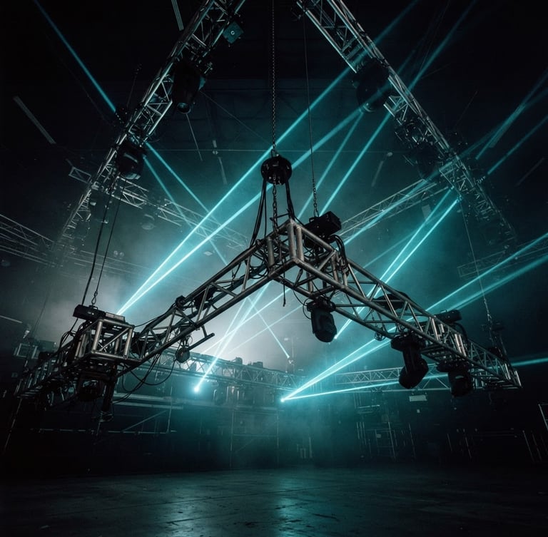 Low-angle dramatic shot of heavy-duty aluminum trussing and stage rigging, sharp cyan laser beams cutting through ambient warehouse haze, 35mm
