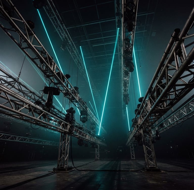 Low-angle heroic shot of heavy-duty aluminum trussing rigged in an empty venue, sharp cyan laser beams cutting through haze, high-contrast dark tones, 35mm