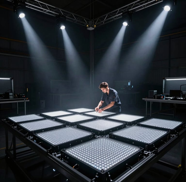 Dramatic low-key 35mm photography of a technical specialist pre-wiring modular LED panels in a dark warehouse, sharp stage lighting beams cutting through atmospheric haze, high-contrast industrial aesthetic