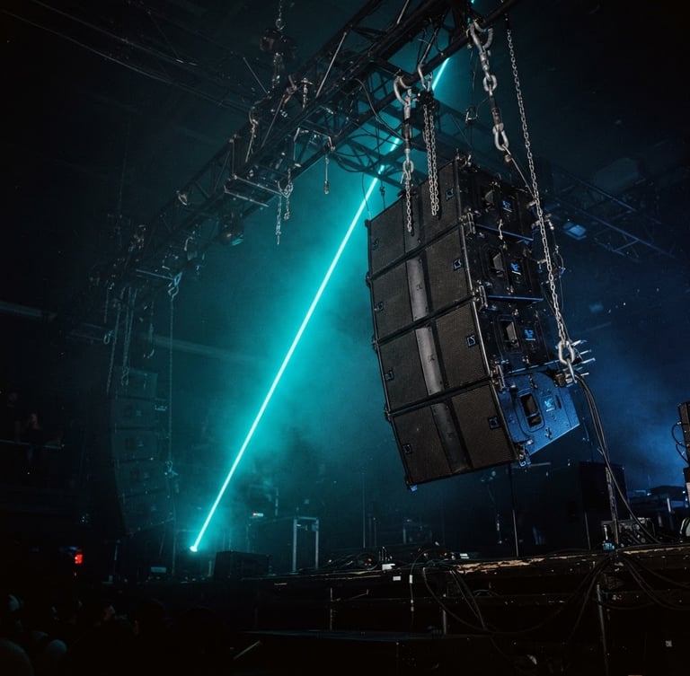 Low-angle heroic shot of professional concert line array speakers suspended from a heavy-duty black truss, dramatic neon cyan laser beam cutting through atmospheric haze, dark-mode industrial aesthetic, 35mm